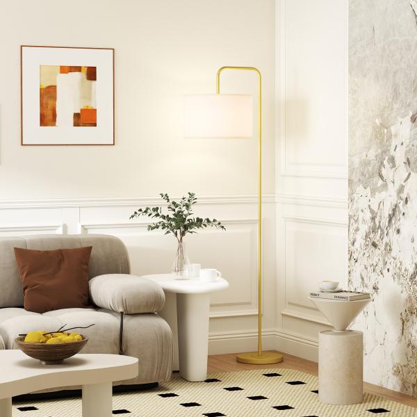 Candeeiro de Pé Moderno Lâmpada E27 Máx. 40W com Ecrã de Linho e Interruptor de Pé 64x38x163,5 cm Branco e Dourado