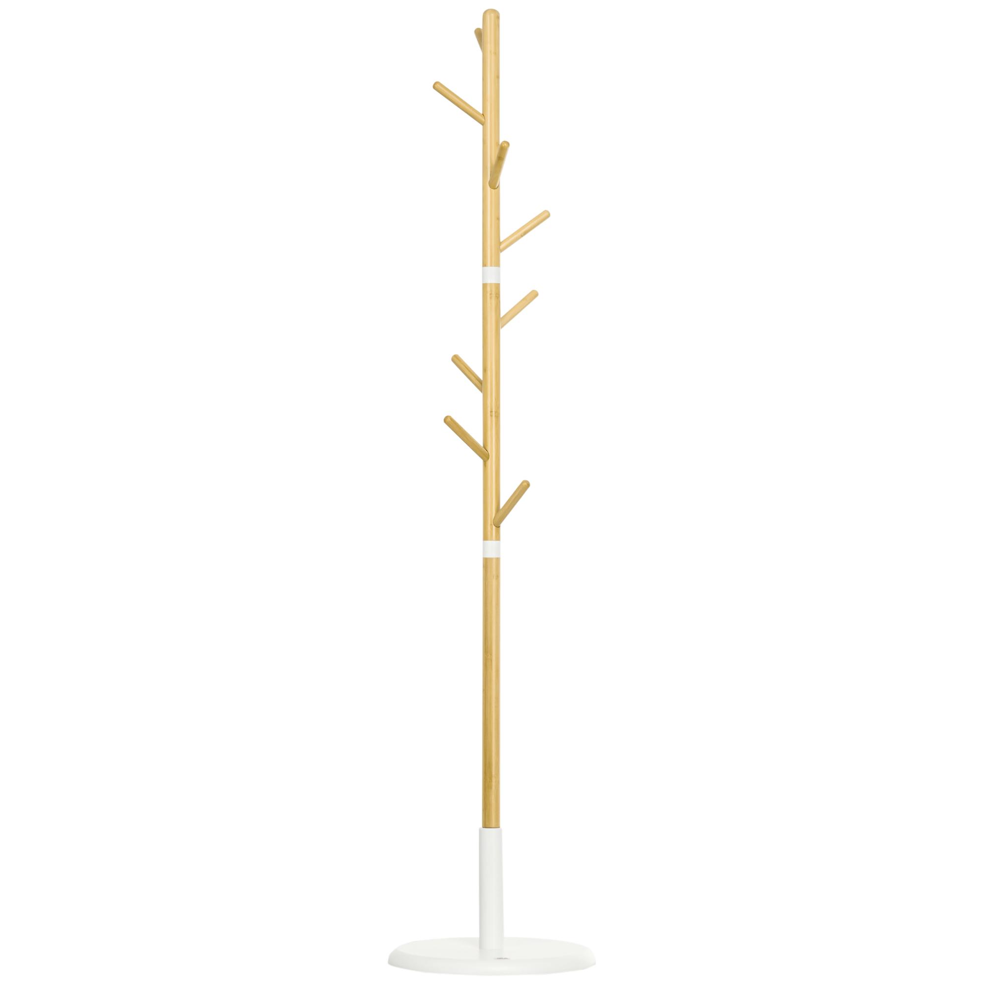Cabide de Pé de Bambu Moderno com 8 Ganchos para Roupas Bolsas Ø37,8x175,6 cm Madeira e Branco