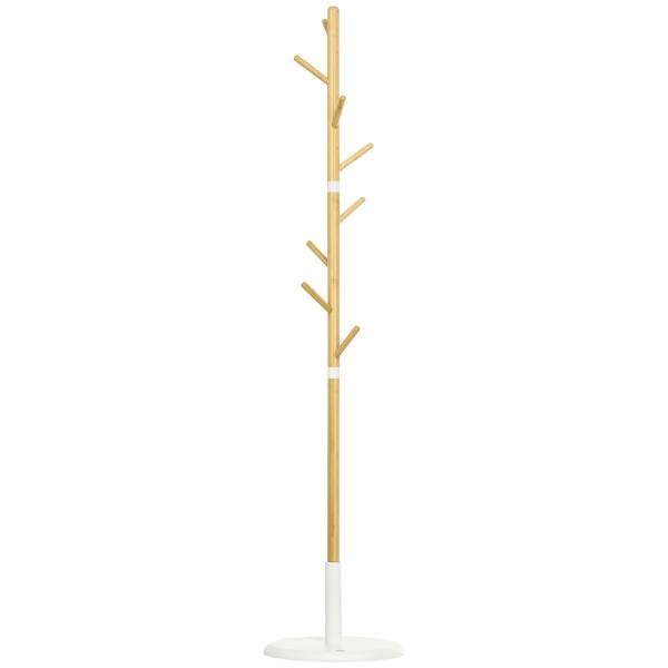 Cabide de Pé de Bambu Moderno com 8 Ganchos para Roupas Bolsas Ø37,8x175,6 cm Madeira e Branco