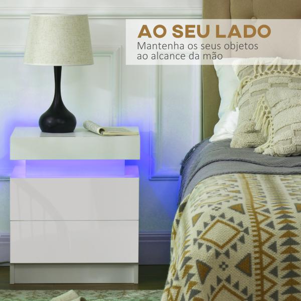 Mesa de Cabeceira com Luz LED Mesa de Cabeceira Painel de Alto Brilho 2 Gavetas e Controlo 45x35x52 cm Branco