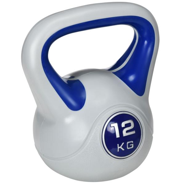 Kettlebell 12 kg Peso Russo com Revestimento de PU e Enchimento de Areia para Treinamento 24x17x28 cm Azul e Cinza