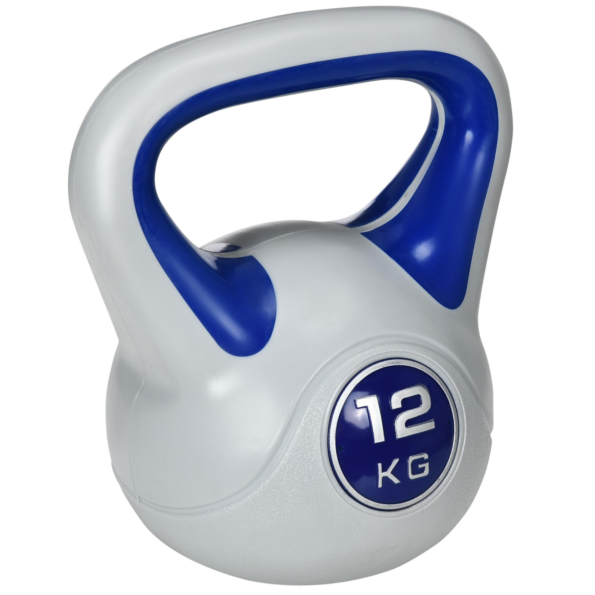 Kettlebell 12 kg Peso Russo com Revestimento de PU e Enchimento de Areia para Treinamento 24x17x28 cm Azul e Cinza