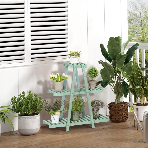 Suporte de Madeira para Plantas de 3 Níveis Prateleira Decorativa de Plantas para Interior Exterior 46x26x76cm Verde