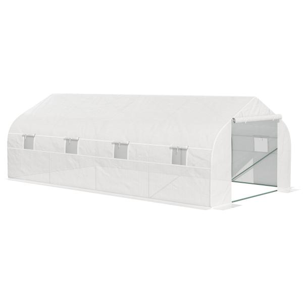 Estufa Tipo Túnel de Jardim 600x300x200cm para Cultivo de Plantas Verduras com 8 Janelas e Porta Enroláveis com Zíper Aço Branco