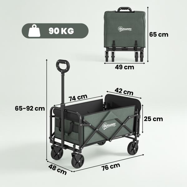 Carrinho de Transporte com Rodas Carrinho de Jardim Dobrável com Puxador Telescópico Ajustável Porta Traseira Expansível 114x46x65 - 92 cm Verde