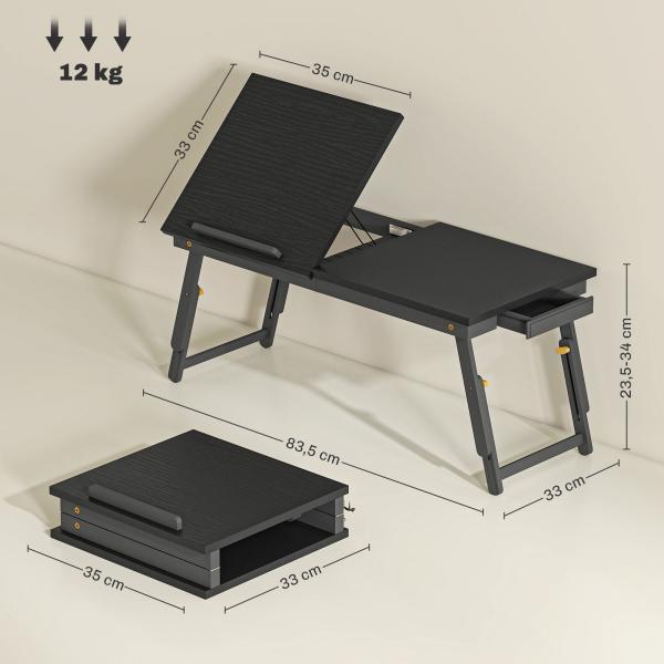 Mesa Reclinável para Cama e Sofá, Tabuleiro Dobrável com Gaveta Lateral para Computador Portátil e Livros, Cinco Alturas, Preto