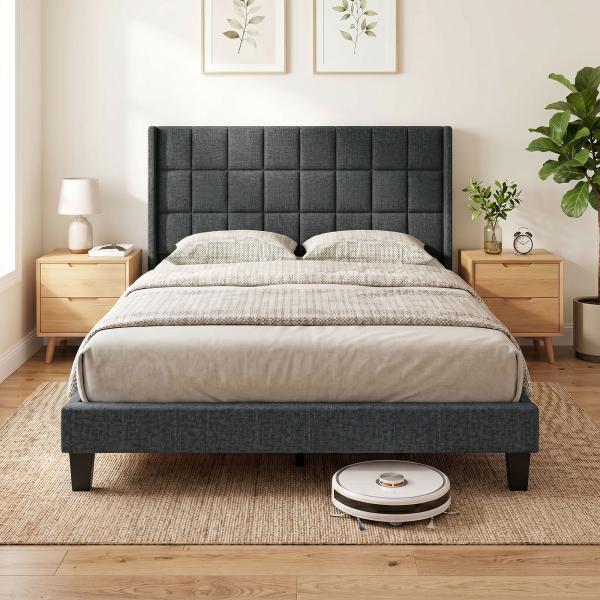 Cama de Casal 135x190 cm com Cabeceira Estofada com Laterais e Arrumação Inferior, Cinzento