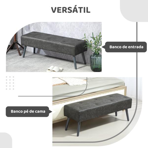Banco de Pé de Cama Multifuncional Clássico Banco Dormitório com Pés de Madeira e Assento Acolchoado 114x38x42 cm Cinza