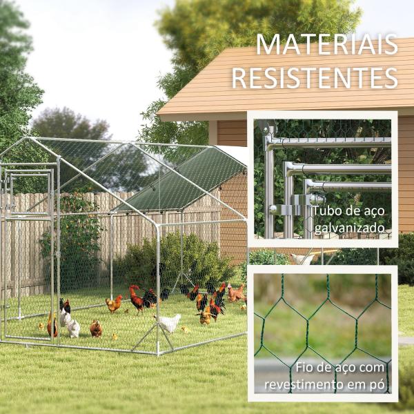 Galinheiro para Exterior 3x6 m Galinheiro de Aço Galvanizado com Comedouro Suspenso Tipo Espeto Poleiro Anti - UV Prata