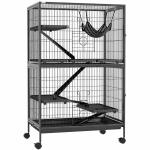 Gaiola para Roedores 80x52x128 cm Casa de 4 Alturas com Rampas Suspensa Rede Bandeja Removível Rodas Cinza Escuro