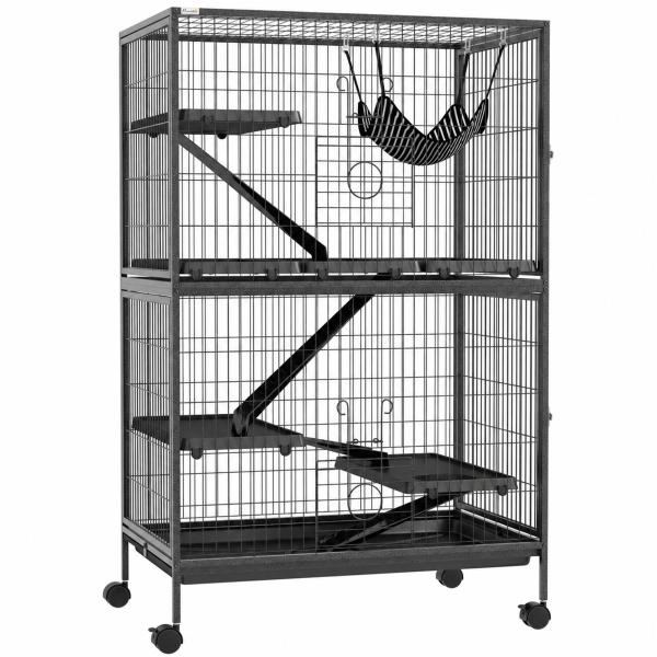 Gaiola para Roedores 80x52x128 cm Casa de 4 Alturas com Rampas Suspensa Rede Bandeja Removível Rodas Cinza Escuro