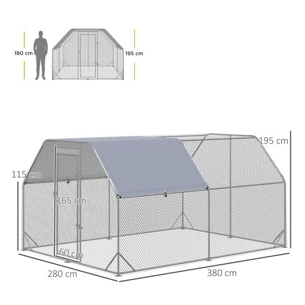Galinheiro para Exterior Grande de Aço Galvanizado 280x380x195 cm Gaiola para Galinhas com Cobertura de Tecido Oxford Prata