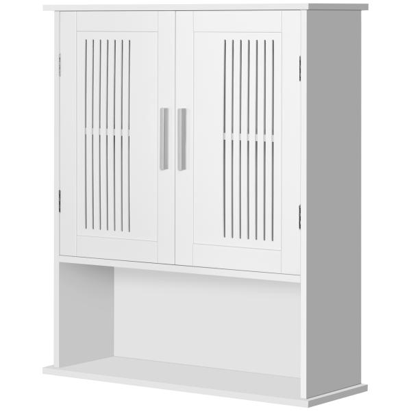 Armário de Parede Casa de Banho com Armazenamento 2 Portas em Ripas Prateleira Ajustável e Compartimento 60x20x70 cm Branco