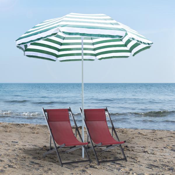 Chapéu de Sol de Praia Ø180cm com Teto Inclinável e Mastro de Metal Proteção Solar para Jardim Terraço Exterior Listras Verdes e Branco