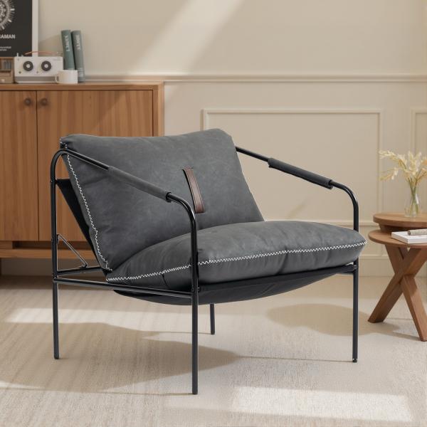 Poltrona Moderna Poltrona de Leitura Estofada em Couro Sintético Capas de Almofadas Removíveis 74,5x75x77 cm Cinza Carvão