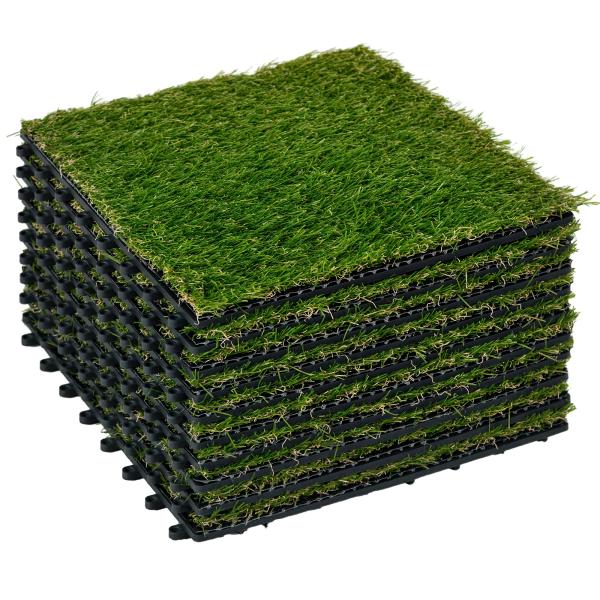 Relva Artificial de 10 Peças Estrado de Relva Sintética 30x30 cm Altura 20 mm Resistente aos Raios UV Verde Escuro