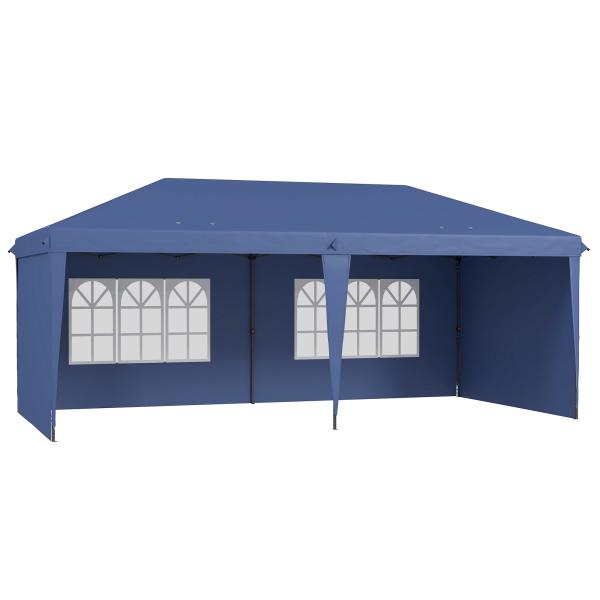 Tenda Dobrável 6x3 m Pop - up com 4 Laterais Desmontáveis Tenda de Jardim com 2 Janelas Visíveis Saco de Transporte Azul