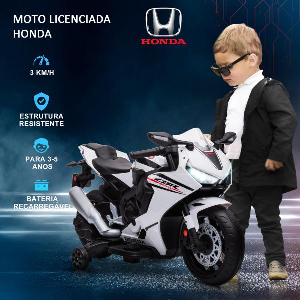 Mota Elétrica com Licença HONDA para Crianças de 3 - 5 Anos Mota a Bateria 6V com Farol Buzina Música 90x44x52cm Branco