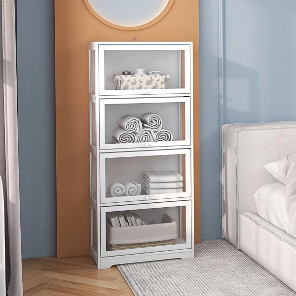 Vitrine Branco de 4 Níveis para Sala de Estar Anti - Tombo 59x30x139 cm com Portas Abatíveis de Acrílico Colecionador