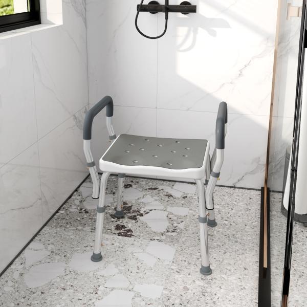 Banco de Duche com Altura Ajustável Banco de Duche de Alumínio Antiderrapante para Idosos e Descapacitados 52x45x57 - 69 cm Cinza