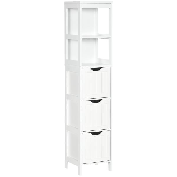 Armário Casa de Banho Estreito com 3 Gavetas e 2 Prateleiras Abertas Estilo Moderno 30x30x141,6 cm Branco