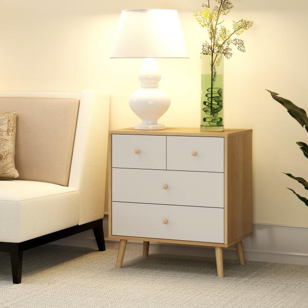 Cômoda de 4 Gavetas com Puxadores de Madeira Cómoda Estreita para Sala Corredor 60x35x65 cm Madeira e Branco