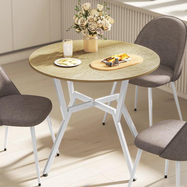 Mesa de Refeição Redonda Mesa de Jantar Estilo Industrial com Bancada de Madeira e Estrutura de Aço Ø90x76 cm Madeira e Branco
