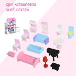 Casa de bonecas 3 andares com Pátio Mobília acessórios Madeira 86x30x87 cm Rosa