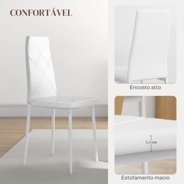 Conjunto de 6 Cadeiras de Sala de Jantar Estofadas em Couro Sintético com Encosto Alto e Pés de Aço 41x50x97 cm Branco