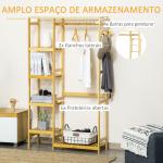 Suporte para Cabides de Bambu Cabideiro com Prateleiras de 4 Níveis com Barra Prateleira Inferior e Cabide Lateral 90x30x155cm Madeira