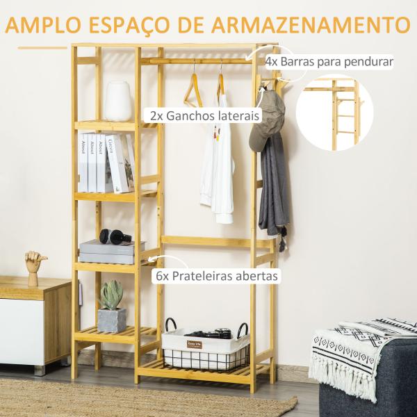 Suporte para Cabides de Bambu Cabideiro com Prateleiras de 4 Níveis com Barra Prateleira Inferior e Cabide Lateral 90x30x155cm Madeira