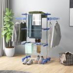 Estendal para Roupa Dobrável 80x55x152cm com 6 Rodas e 3 Prateleiras com Altura Ajustável de Aço Inoxidável Prata e Azul
