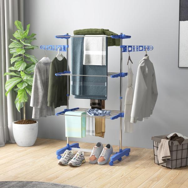 Estendal para Roupa Dobrável 80x55x152cm com 6 Rodas e 3 Prateleiras com Altura Ajustável de Aço Inoxidável Prata e Azul