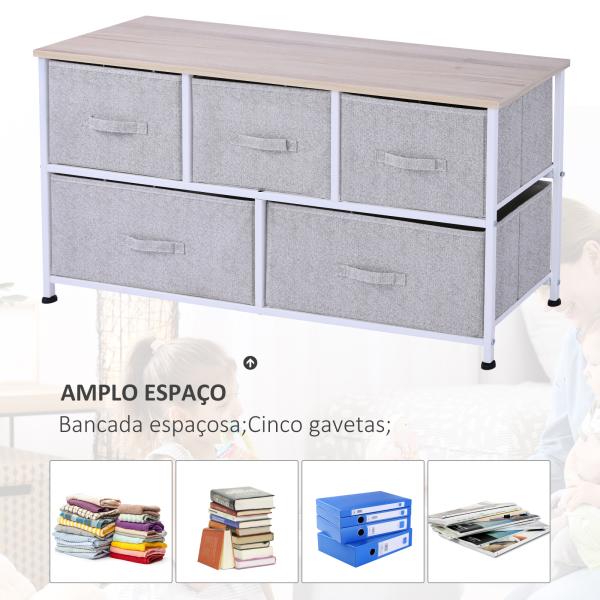 Cómoda com 5 Gavetas de Tecido Cómoda para Quarto Estrutura Metálica 100x30x54 cm Cinzento