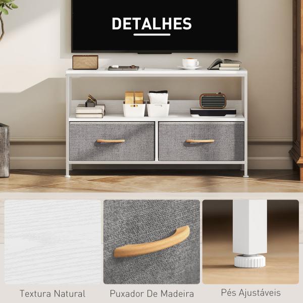 Móvel de TV com Prateleira e 2 Gavetas de Tecido Dobráveis para Televisores até 47 Polegadas 98x29x56 cm Branco e Cinza