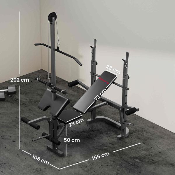 Banco de Musculação Multifuncional Inclinável Banco de Pesos com Suporte para Barra Ajustável Extensão de Pernas 106x155x202 cm Preto