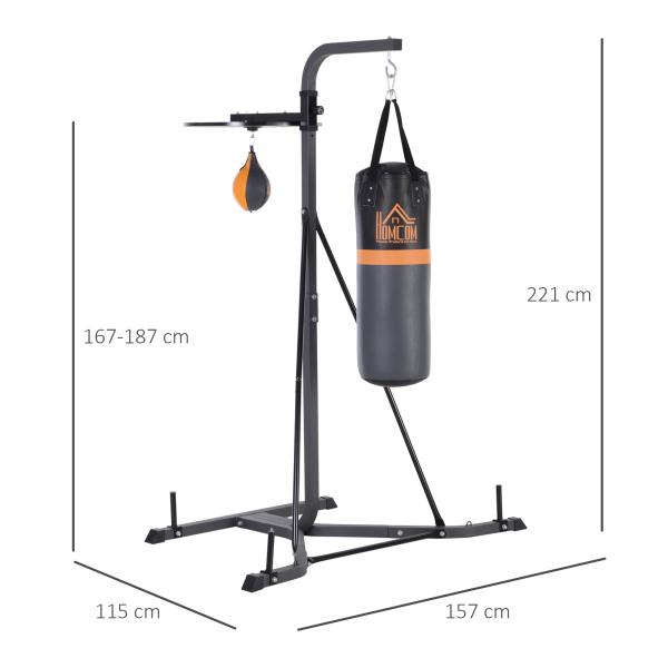 Saco de Boxe Suspenso com Suporte Bola de Velocidade Ajustável em Altura de 167 - 187cm e Inflador para Treinamento Fitness em Casa Ginásio 115×157×221 cm Preto e Cinza