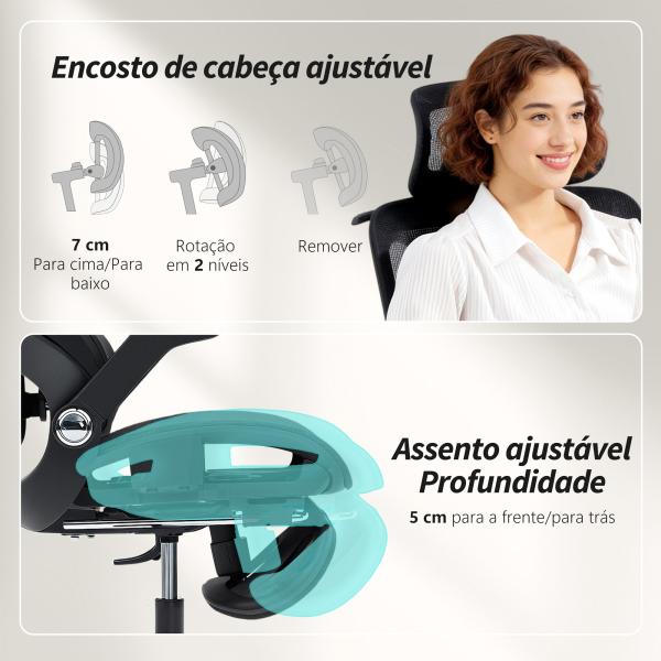 Cadeira de Escritório com Encosto Reclinável e Alto Suporte Lombar Transpirável Apoios de Braço 4D e Encosto de Cabeça Ajustável 67x74x113 - 132 cm Preto