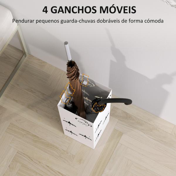 Suporte para Guarda Chuva de Aço com 4 Ganchos e Bandeja de Gotejamento Amovível 15,5x15,5x41 cm Branco