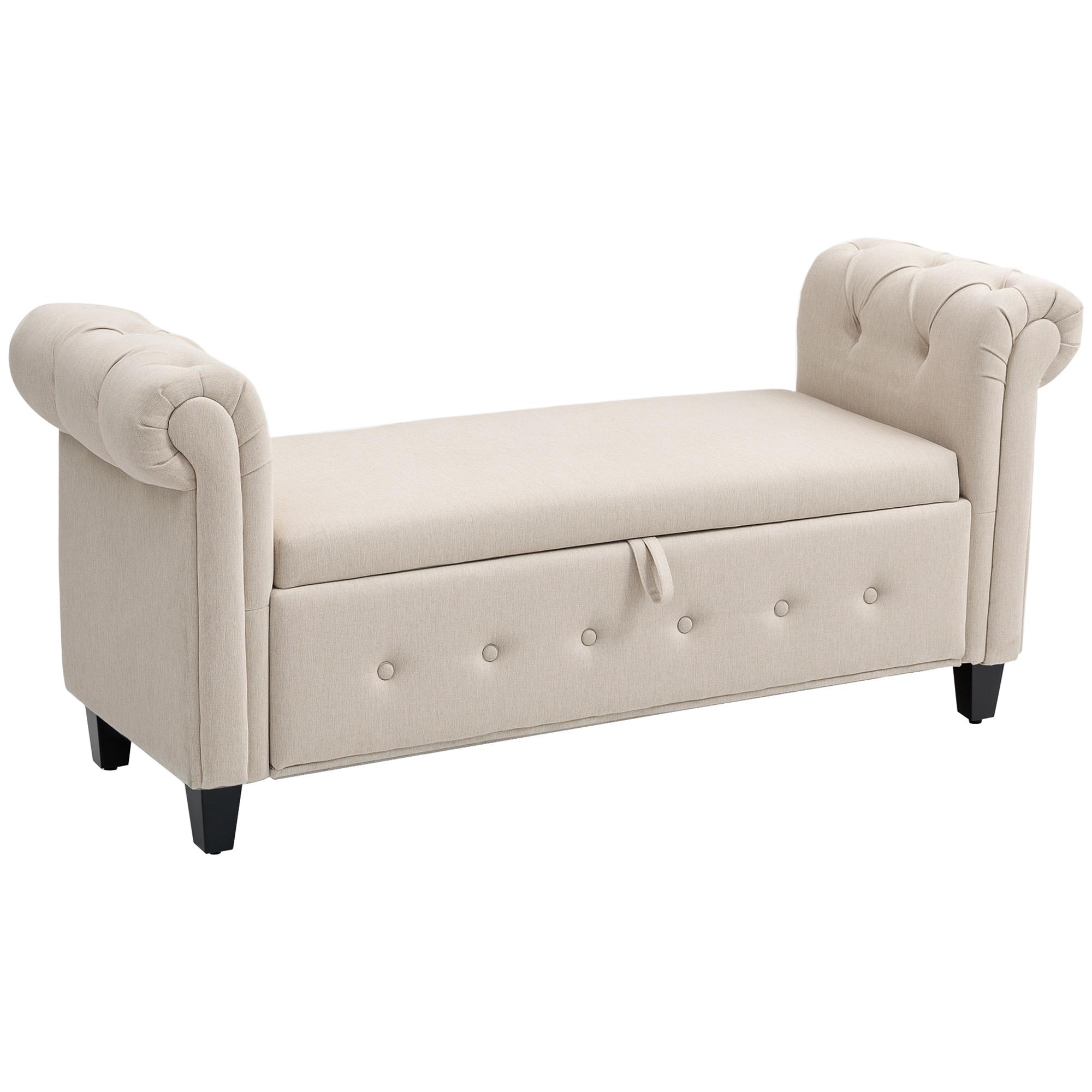 Banco de Pé de Cama de Linho com Dobradiças na Tampa Pés de Madeira e Apoio para os Braços 146,5x49x74,5 cm Bege