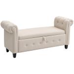 Banco de Pé de Cama de Linho com Dobradiças na Tampa Pés de Madeira e Apoio para os Braços 146,5x49x74,5 cm Bege