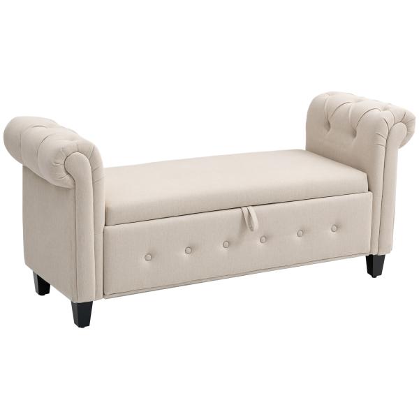 Banco de Pé de Cama de Linho com Dobradiças na Tampa Pés de Madeira e Apoio para os Braços 146,5x49x74,5 cm Bege