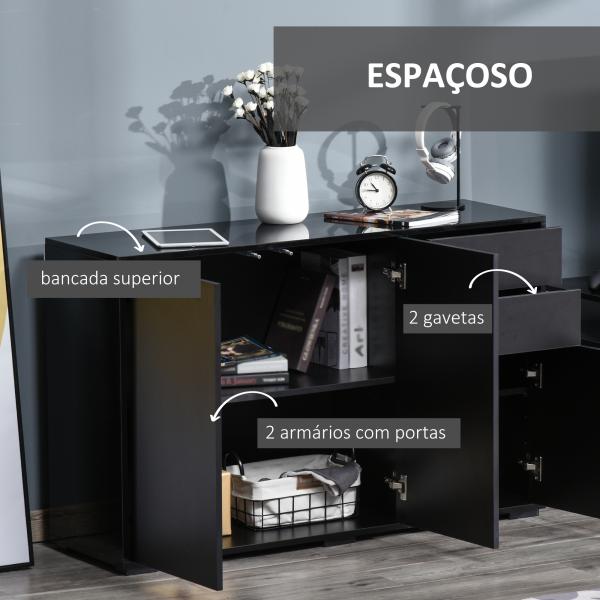 Aparador de Sala de Estar com 3 Portas 2 Gavetas e Prateleira Interior Ajustável Móvel Auxiliar de Armazenamento para Cozinha Dormitório Anti - Rolamento 117x36x74 cm Preto