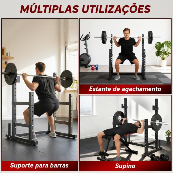 Suporte Ajustável para Barras de Pesas com Segurança Reforçada Carga até 300 kg Altura Regulável 48 - 135/45 - 85 cm Preto