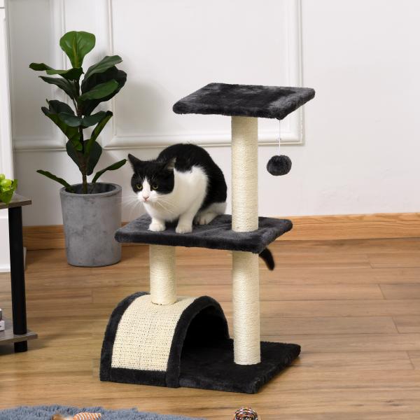 Arranhador para Gatos Médio de 3 Níveis com Postes de Sisal Placa para Arranhar e Bola Suspensa 40x35x72 cm Cinzento Escuro