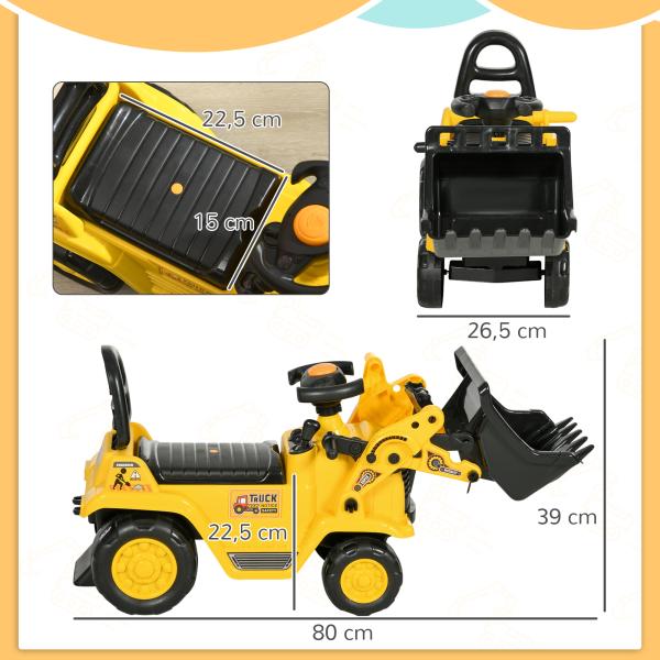 Carro Andador para Crianças Escavadora para Crianças com Pá Dianteira Buzina Volante e Compartimento Oculto 80x26,5x39 cm Amarelo