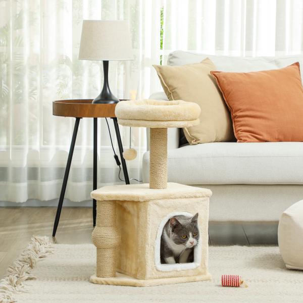 Arranhador para Gatos com Cama Caverna Plataforma Bola Suspensa e Poste de Juta 42x30x66 cm Marrom e Bege