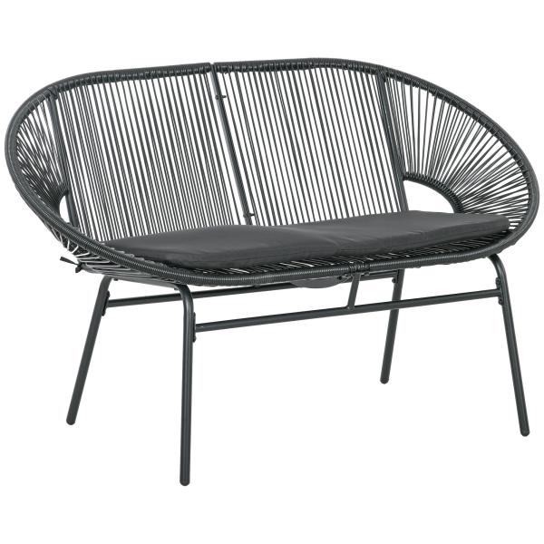 Sofá Acapulco de 2 Lugares com Apoios de Braço Almofada e Estrutura de Aço para Jardim Terraço Pátio 132x72x83 cm Preto