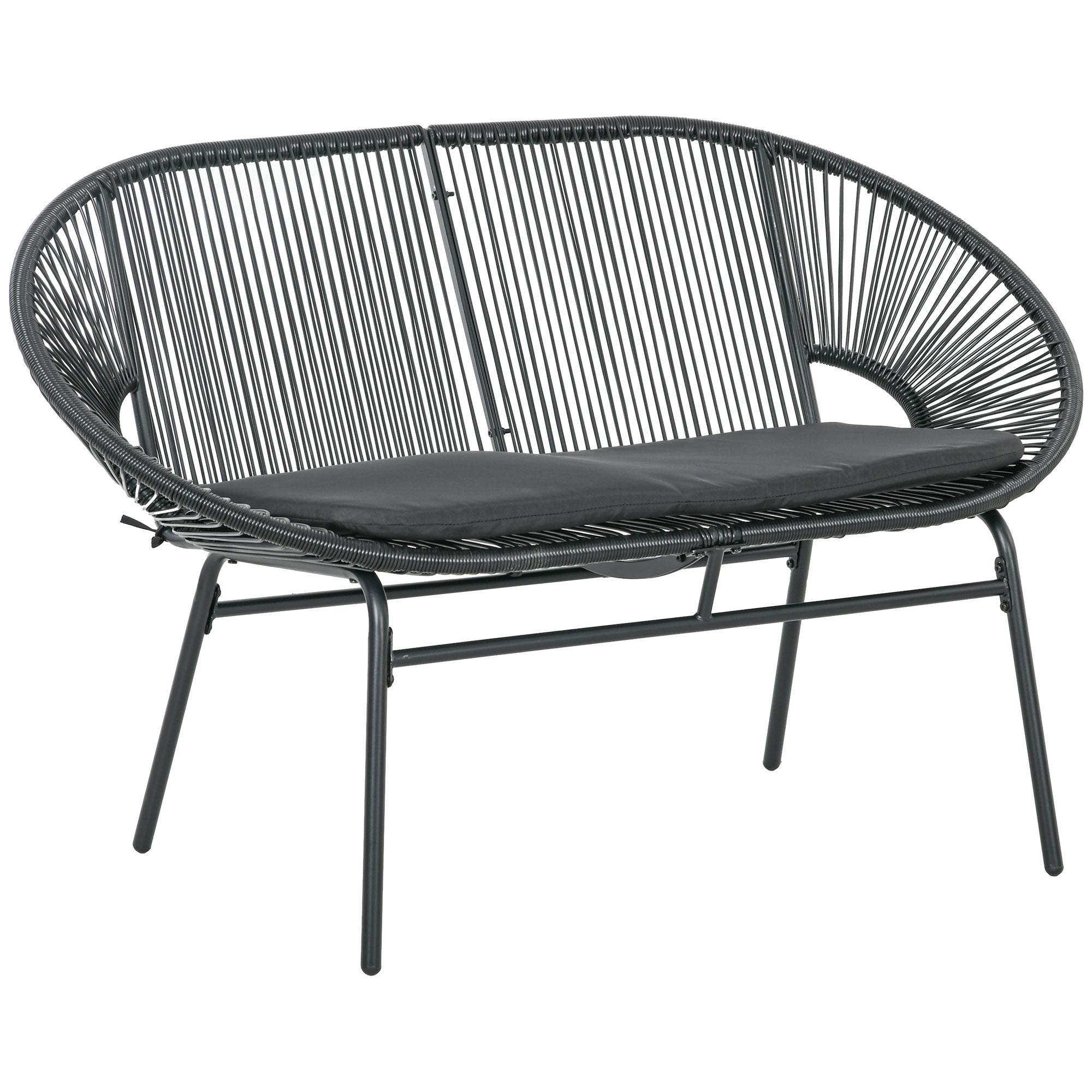 Sofá Acapulco de 2 Lugares com Apoios de Braço Almofada e Estrutura de Aço para Jardim Terraço Pátio 132x72x83 cm Preto