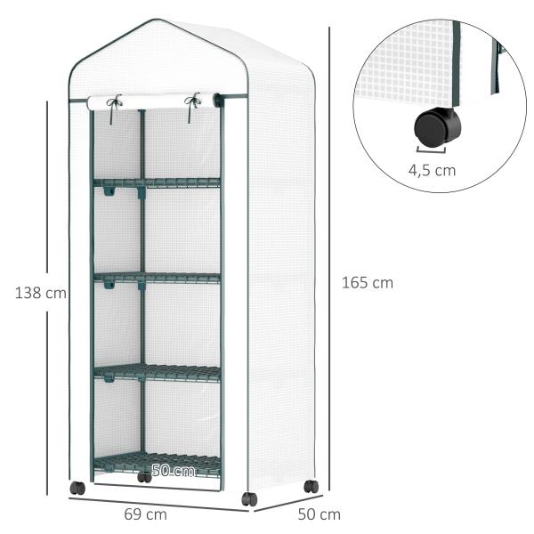 Estufa de Jardim com 4 Prateleiras e Cobertura de PE Estufa de Aço para Cultivo de Plantas Flores 69x50x165 cm Branco